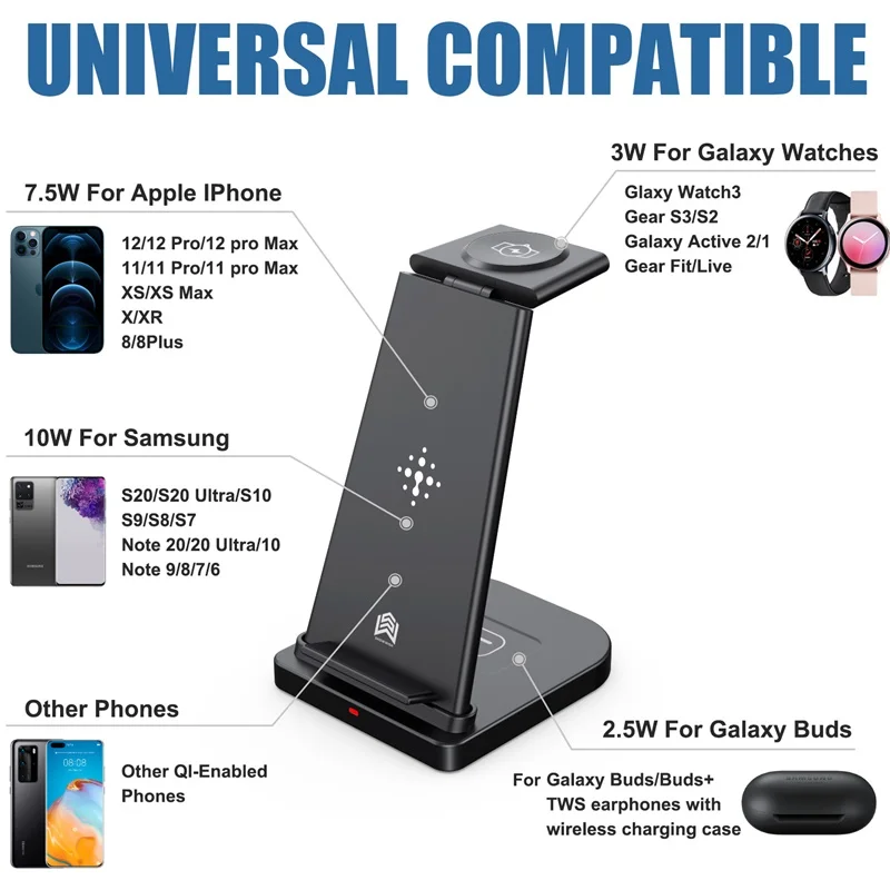 3in1 wireless charger stand for samsung note 20 s21 s10 iphone 15w fast charge station for galaxy watch gear s4 s3 s2 buds live free global shipping
