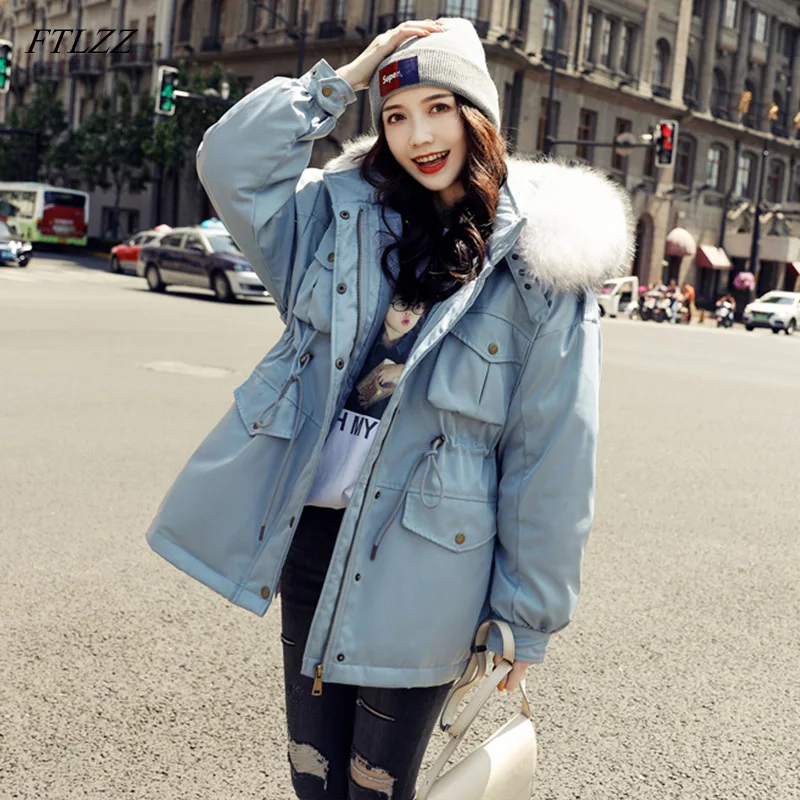 FTLZZ зимние парки с белым утиным пухом для женщин большой воротник из меха енота
