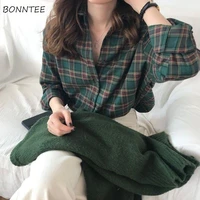 shirts women plus size plaid design autumn loose vintage basic top long sleeve 90s lapel office lady casual retro camisas mujer