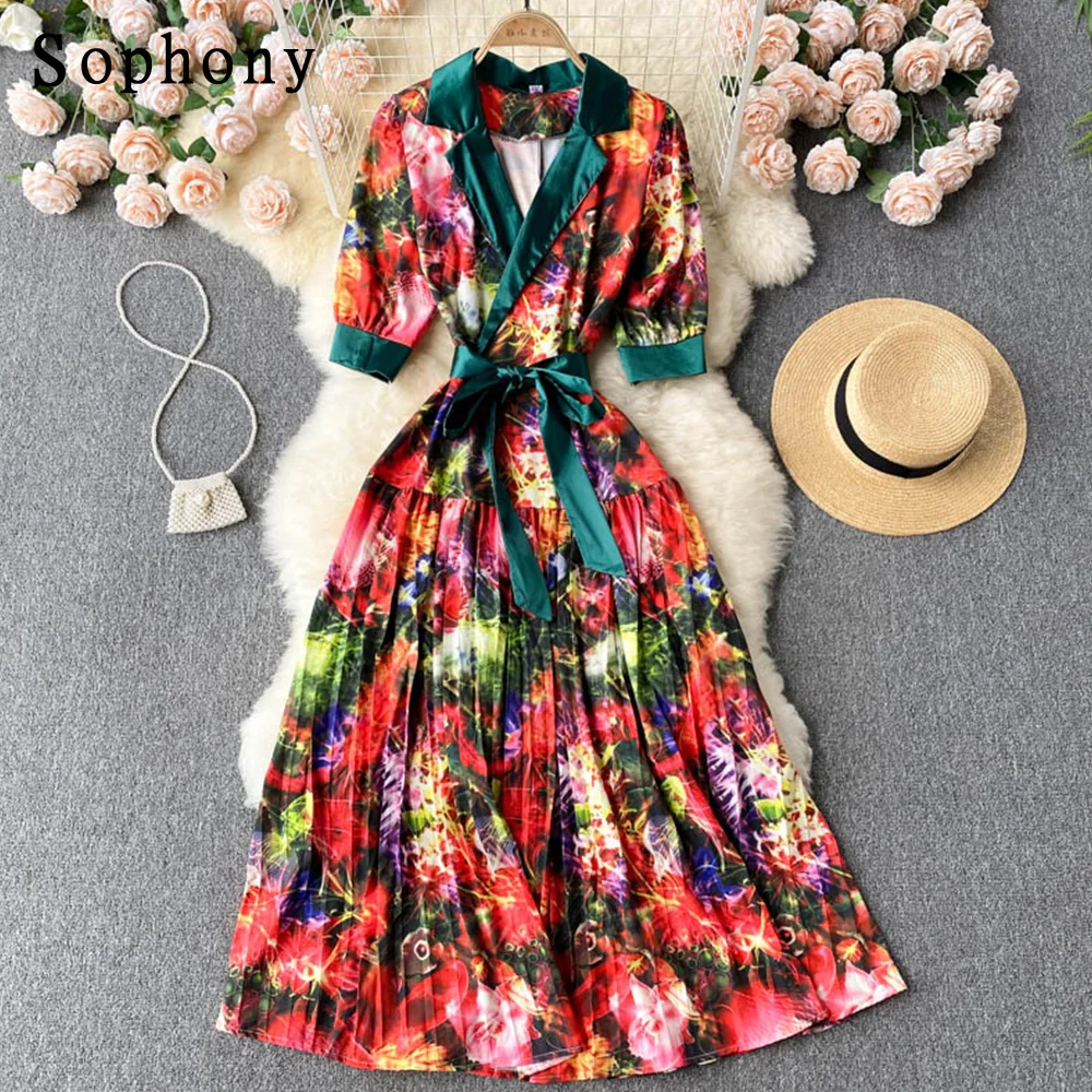 

Sophony Summer Runway Retro Dress High Quality Women's Clothing Famle Short Sleeve Floral Printing Dress With Belt S6A339
