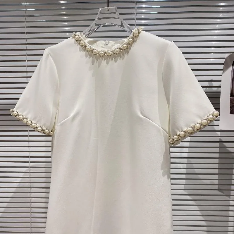 

Spring Summer Women Fashion Pearls Embroidered Flares Short Sleeve Dress Designer A Line Short Party Ladies Dresses Black White