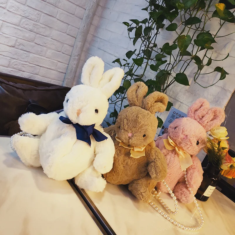 

Kawai Girl Bunny Rabbit Bag Silk Bowknot Soft Plush Toy Doll Single Shoulder Portable Pearl Chain Bag Animal Bag Christmas Gift