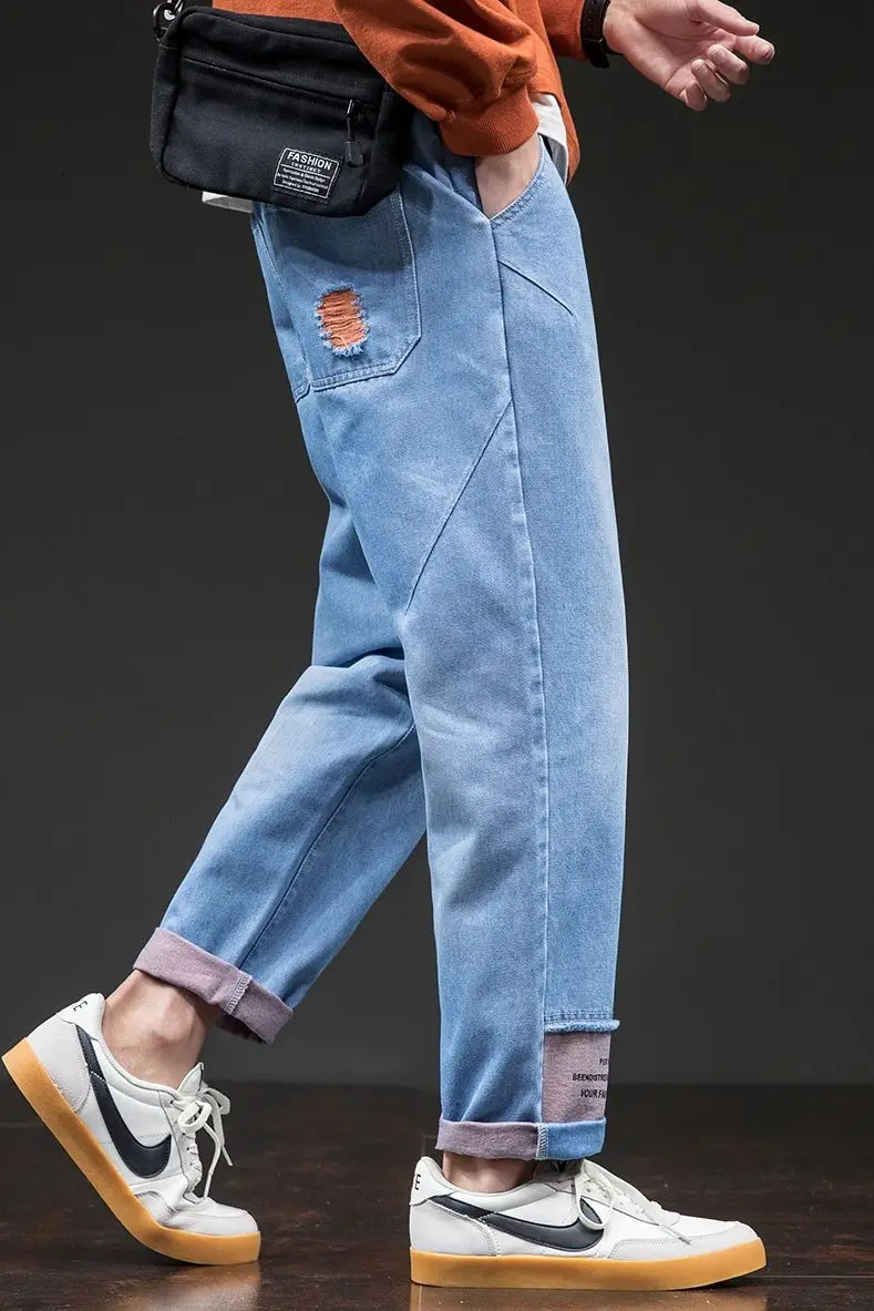 

2020 Autumn And Winter New Youth Popular Men's Loose Large Size Personality Stitching Jeans Fashion Casual Straight-leg Pants