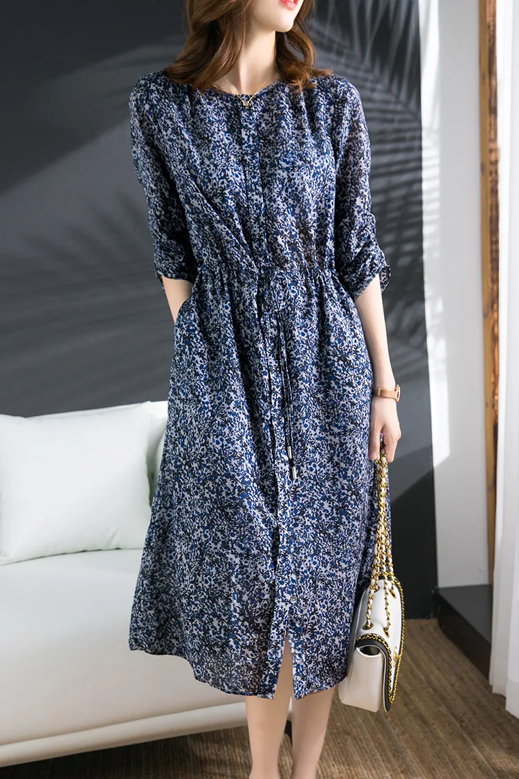 

Early spring 2021 new slim waist Chiffon Navy floral pleated skirt super xiansen dress