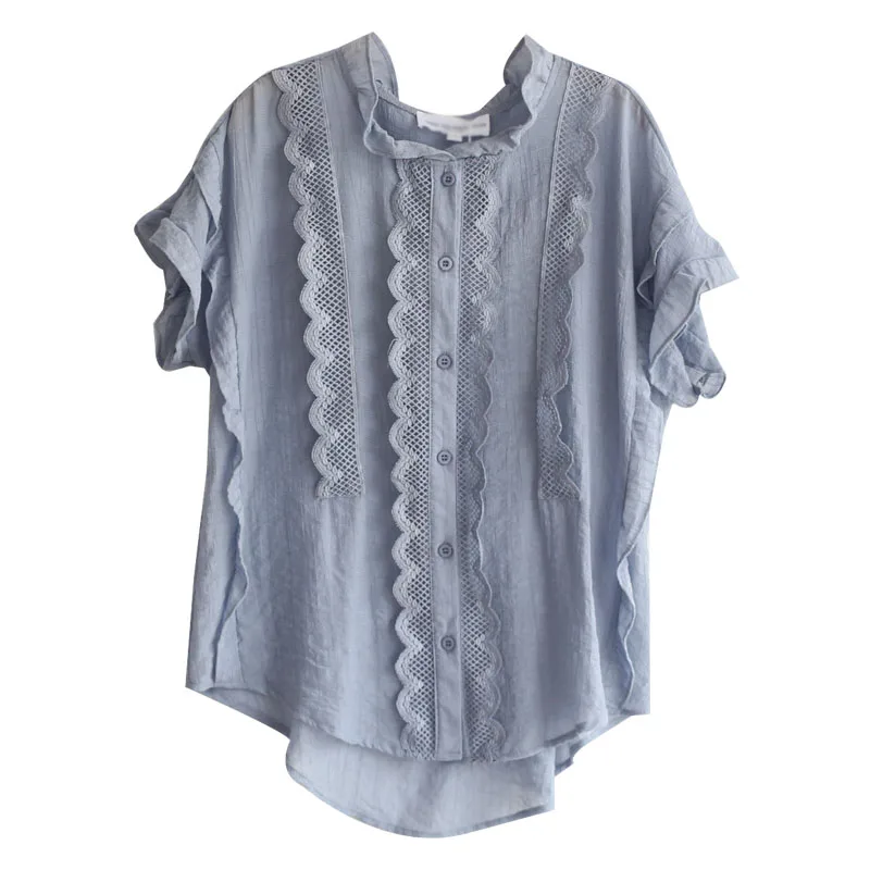 

6225 New Summer Women Lace Short Sleeve Tops Japan Style Mori Girl Literary Ruffled Collar Shirts Blouse