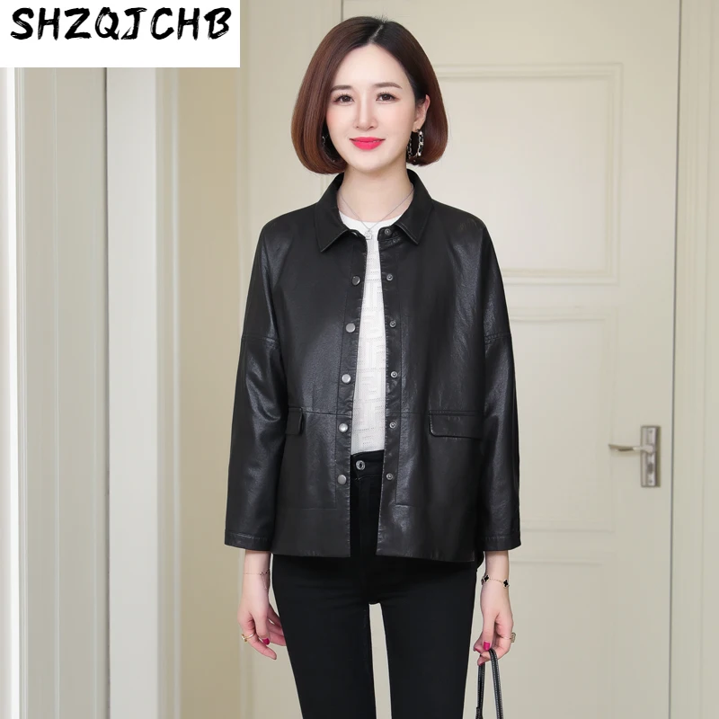 

SHZQ Весна 2021 новая кожаная куртка женская короткая Свободная куртка из растительного дубленого овчины мотоциклетная куртка