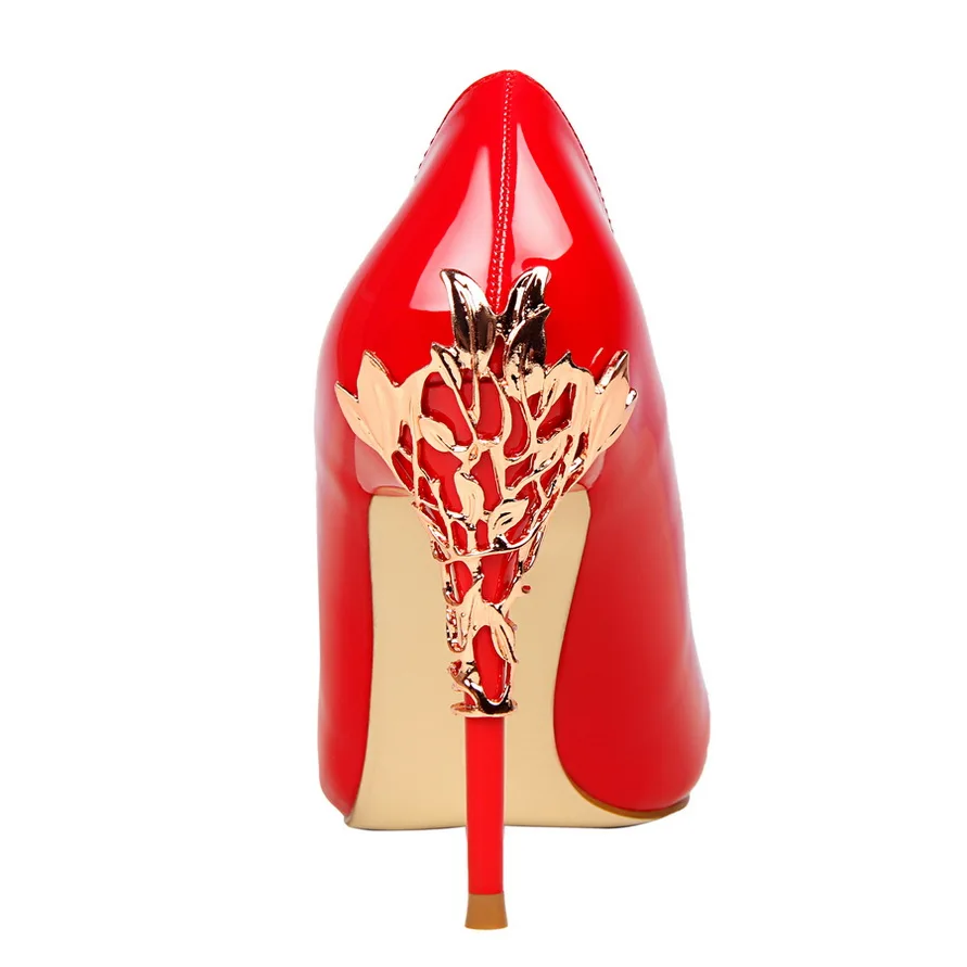 

Sexy Metal Carved Heels Party Shoes 2018 New Solid Patent Leather Fashion Women Pumps Show Thin Shallow High Heels Shoes Women's