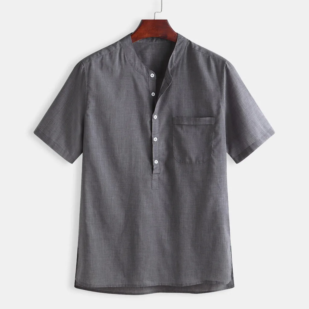 Летняя мужская крутая тонкая дышащая однотонная хлопковая рубашка на пуговицах