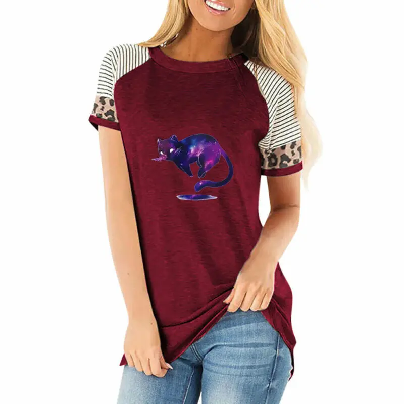

Women's Casual Short Sleeve Blouse Lady Round Neck Summer Cat Printed T Shirt