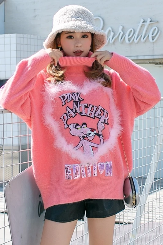 

Thailand Tide brand high collar warm age cartoon pink sweater female loose sequin personality chic wild sweater