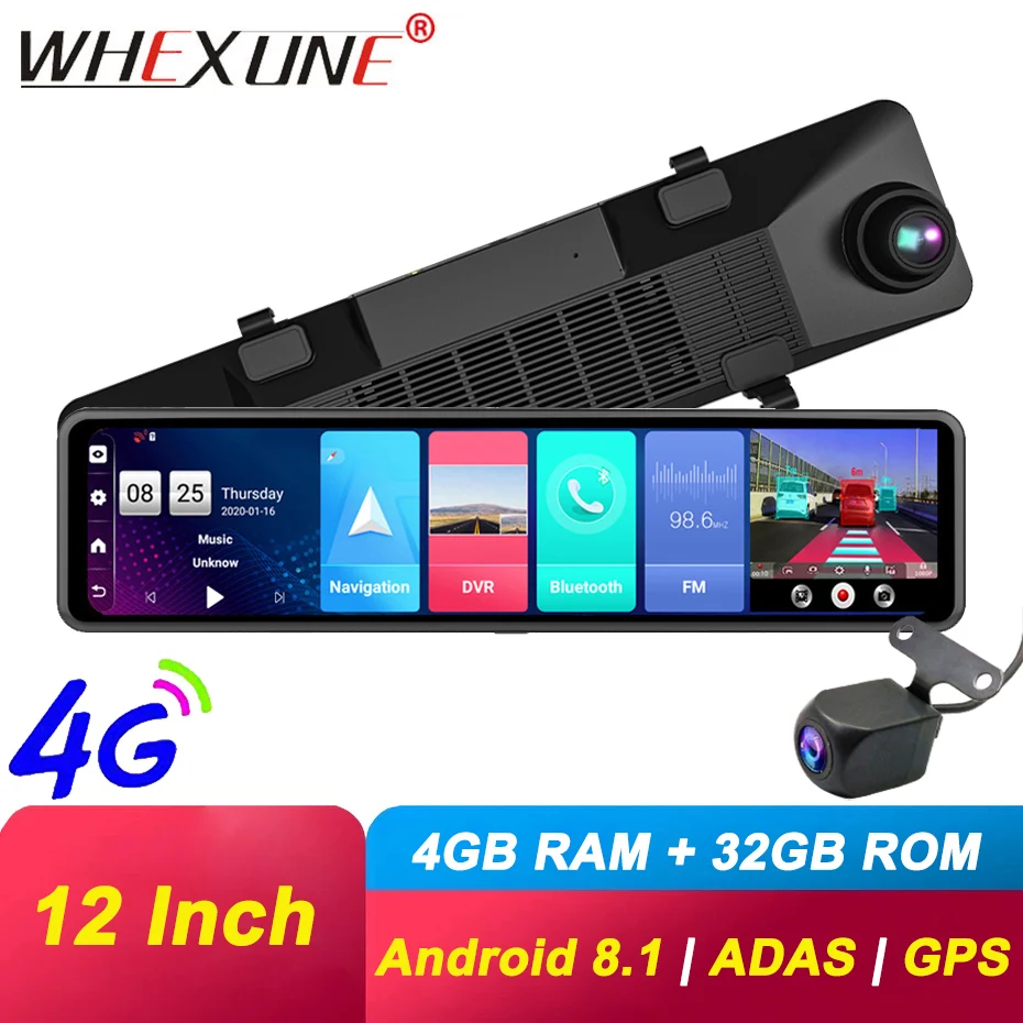 WHEXUNE 12 &quot4G Wi-Fi Автомобильный видеорегистратор с сенсорным экраном Android 8 1 GPS