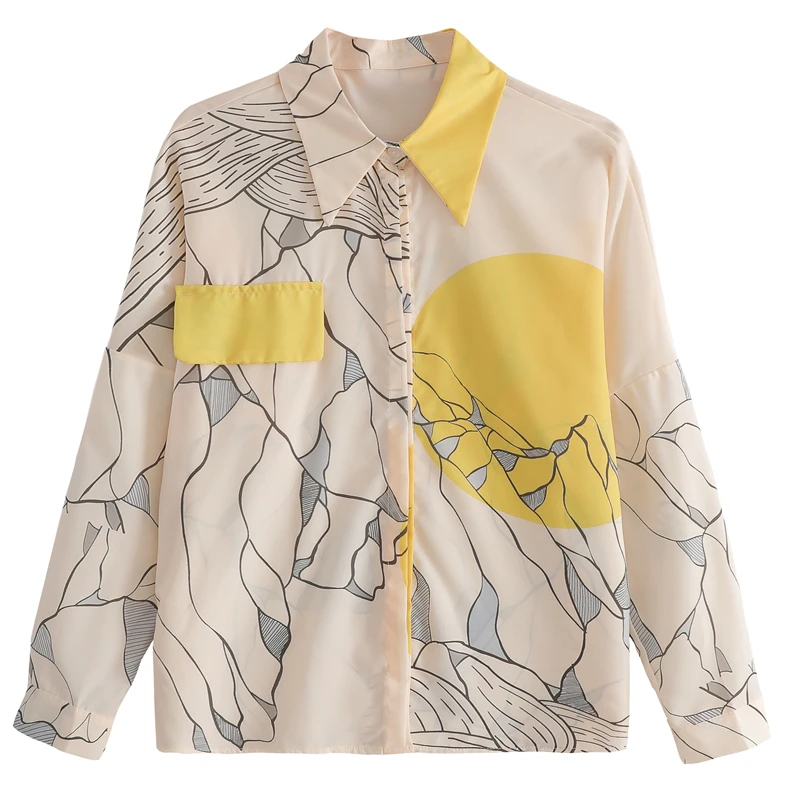 

Fashion Floral Silk Shirt Korean Printed Women's Retro National Style Yellow Silk Long Sleeve Office Lady Style Top Female 10740