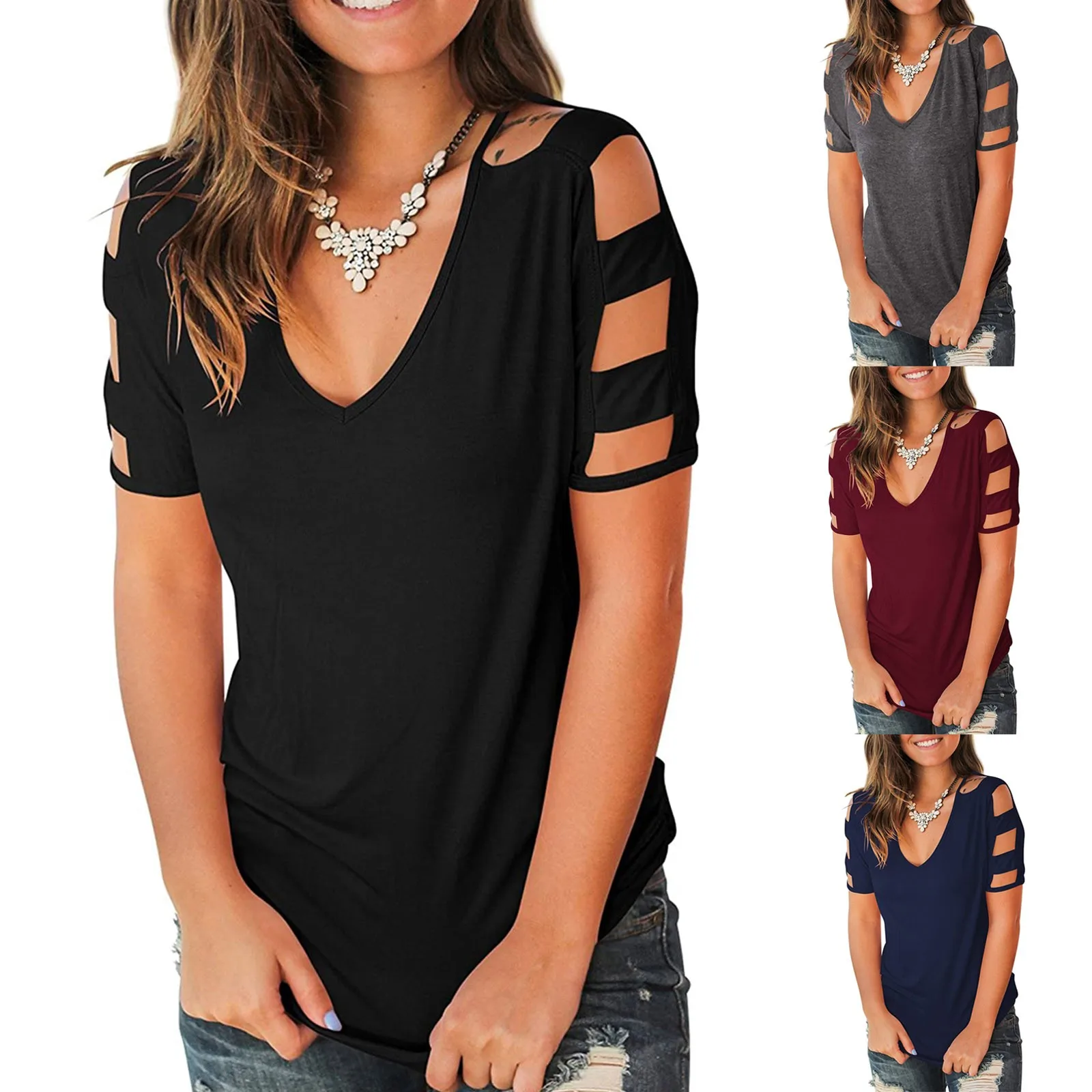 

Women's Short Sleeve Hollow Out Cold Summer Shoulder Tops Deep V Neck T Shirts Blusas Y Camisas Femme Блузки Женские Новинки