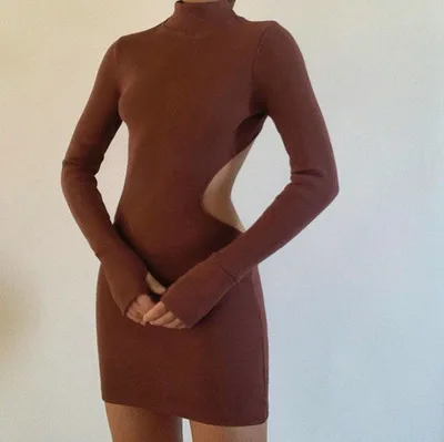 

Sexy Woman Solid Pencil Dress Hollow Out Design High Collar Long Sleeve Lady Backless Slim Pullovers Knitted Slim Dress Spring