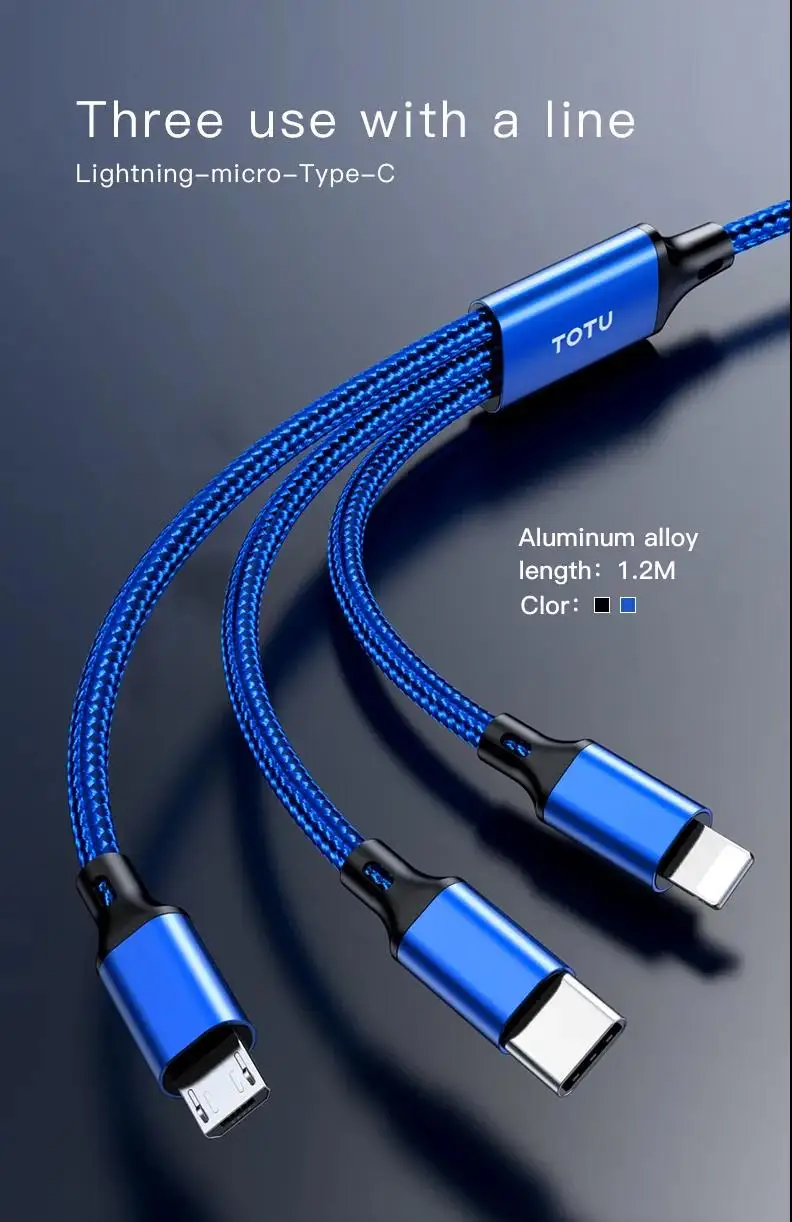 

Tough Series-1 Point 3 Charging Cable/L+T+M Smart Chip, Reject Virtual Electricity 3 Devices, Fast Charging At The Same Time