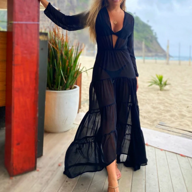 

Beachwear Chiffon See-through Holiday Long Sundress Woman Solid Loose Ruffle Bathing Deep V Neck Long Sleeve Cover-Ups