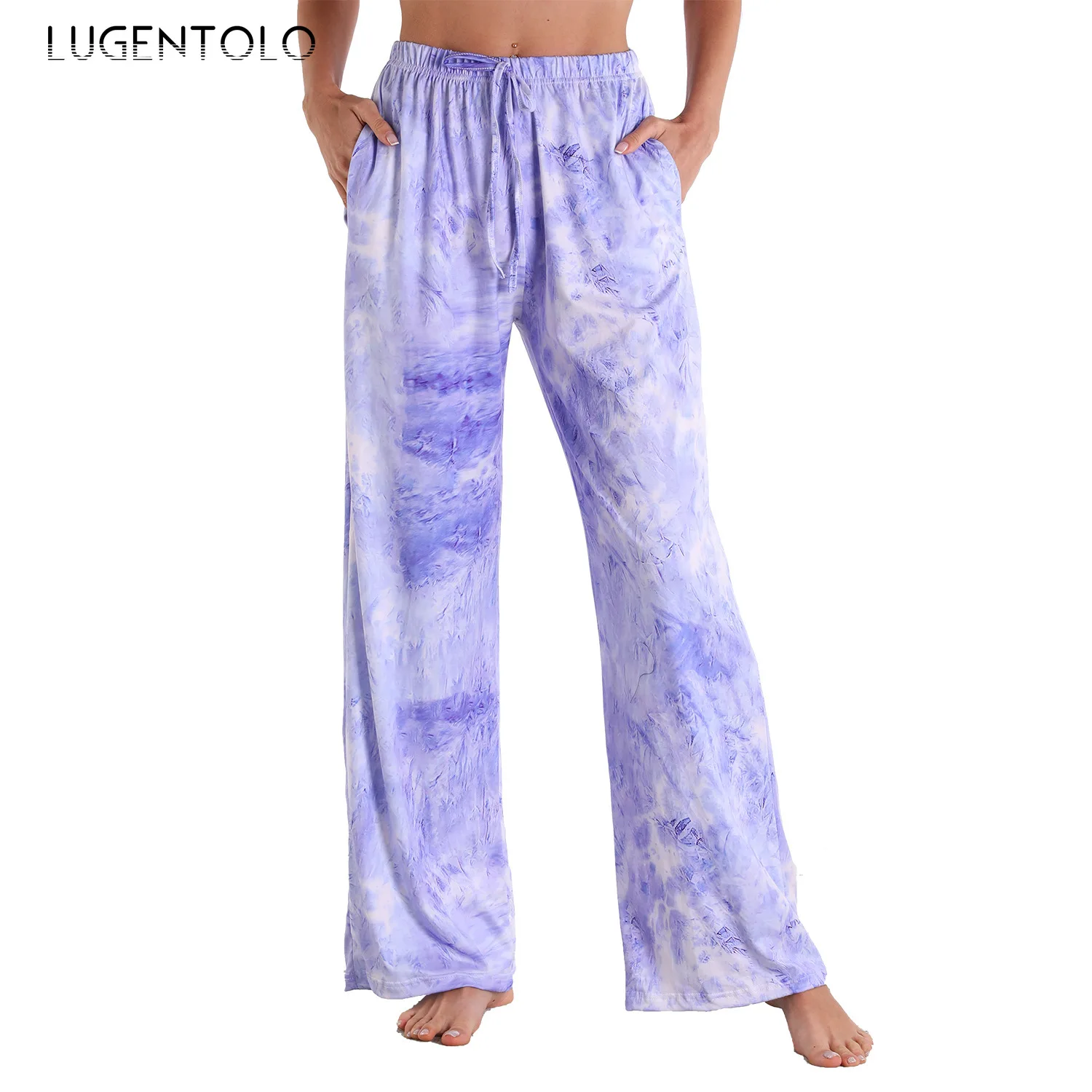 Брюки Lugentolo женские с эластичным поясом, повседневные штаны для дома и спорта, с принтом в клетку и в полоску, тонкие прямые из полиэстера