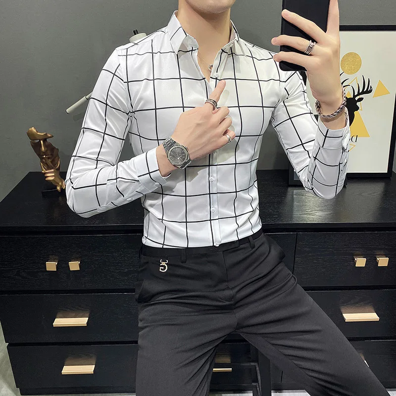 

OIMG Men's long-sleeved plaid shirt Korean style trendy temperament casual slim long-sleeved shirt checkered shirt