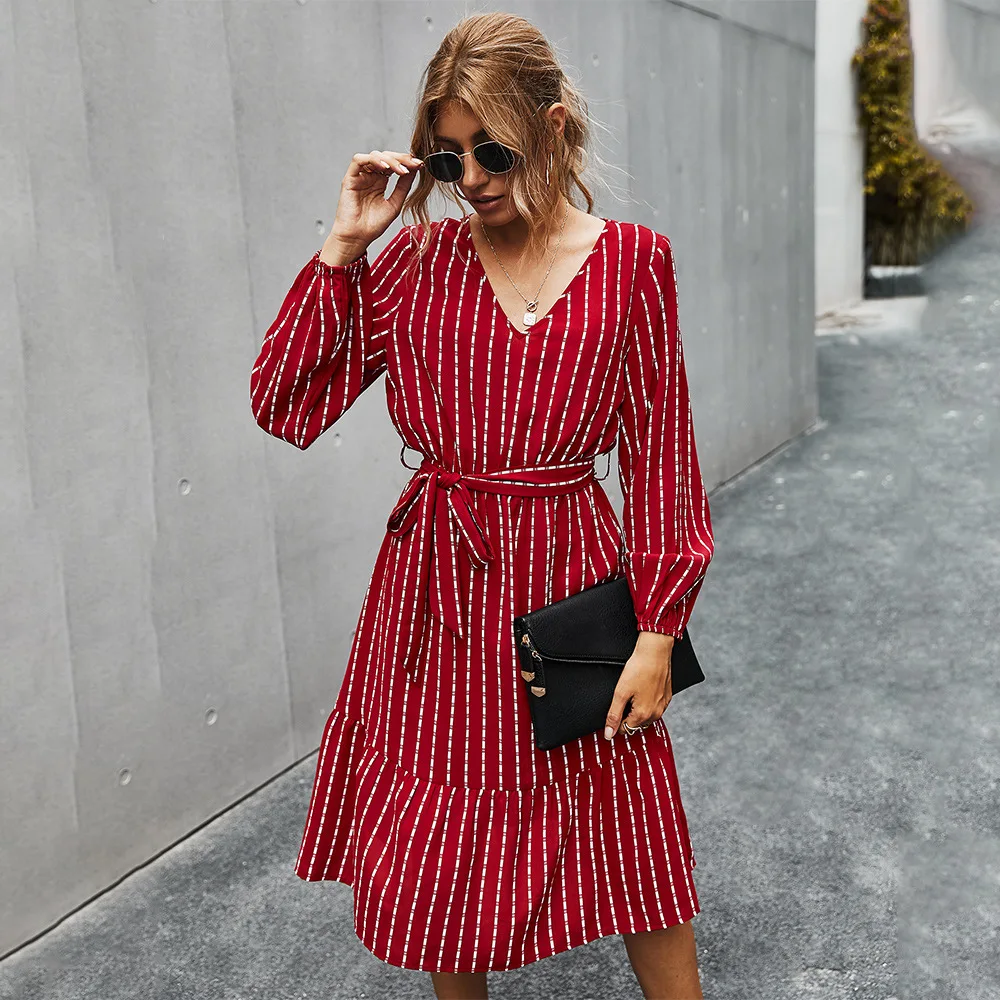 

Autumn Winter Casual Simple Striped Dress Women 2021 New V Neck Full Sleeve High Waist Bandage Dress Female Office Lady