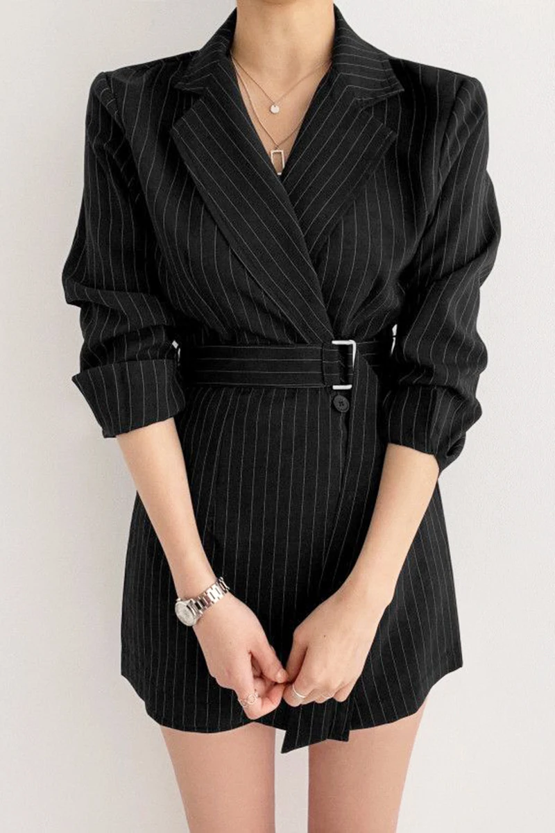 

Dresses Mujer 2020 Fall Korean Chic Elegant Office Wear Stripe Single Breasted Belt Casual Long Sleeve Black Blazer Dress Women