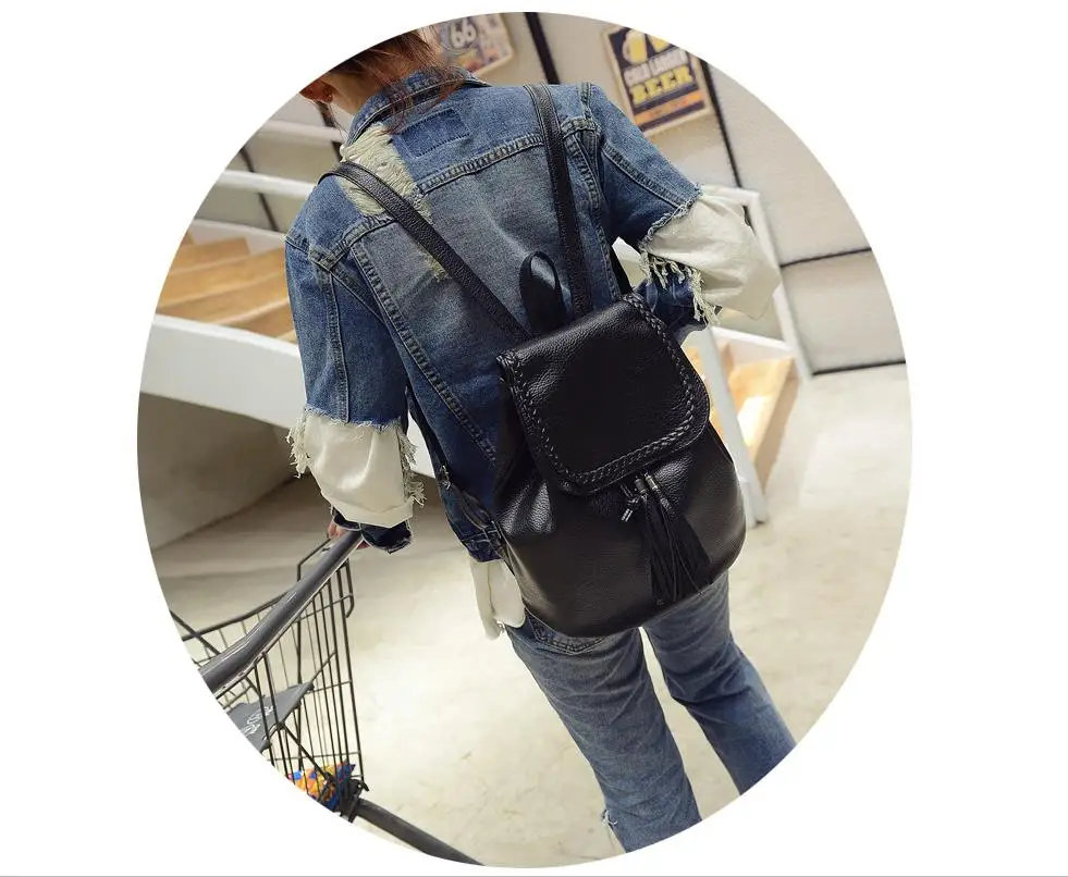 Винтажный рюкзак с кисточками черный тканевый Школьный из искусственной кожи