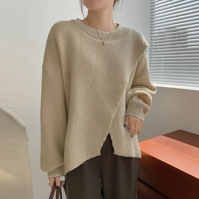 

Женские Повседневные свитера, новинка сезона осень-зима 2021, однотонные свободные вязаные пуловеры в Корейском стиле с круглым вырезом и дли...
