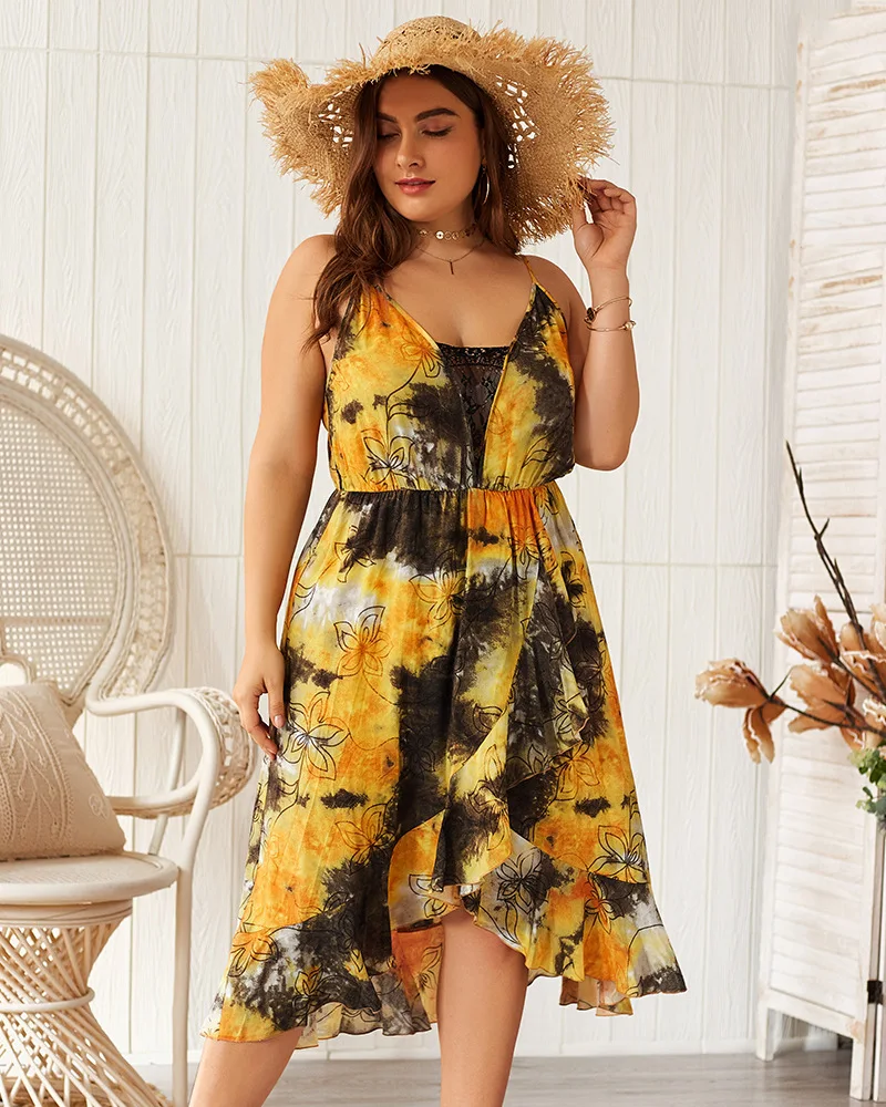 Fashion Woman Landscape Painting Print Dress Strap Sleeveless Knee Length XL-4XL Cotton Ruffled Large Swing Clothing | Женская одежда