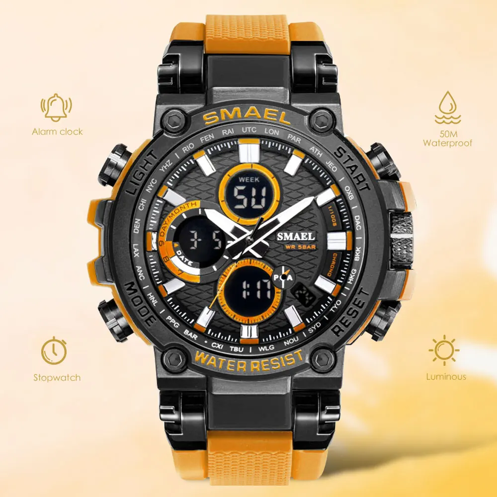 

SMAEL Dual Time LED Digital Watch for Men Week Date Waterproof Quartz Watches Military Sport Stopwatch часы relogio reloj Orange