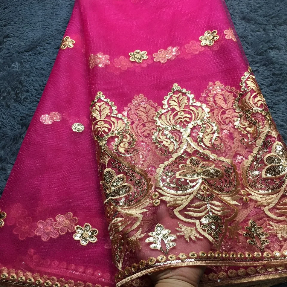 2021 Высококачественная африканская кружевная ткань с блестками фуксия