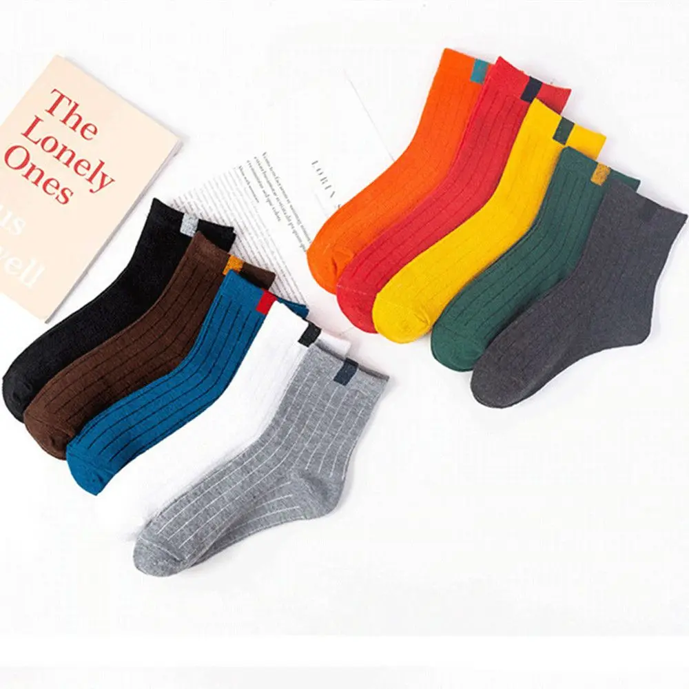 

Fashion Japanese Stripes Cloth Label Autumn and Winter Solid Color Cotton Socks Sports Socks Couple Socks