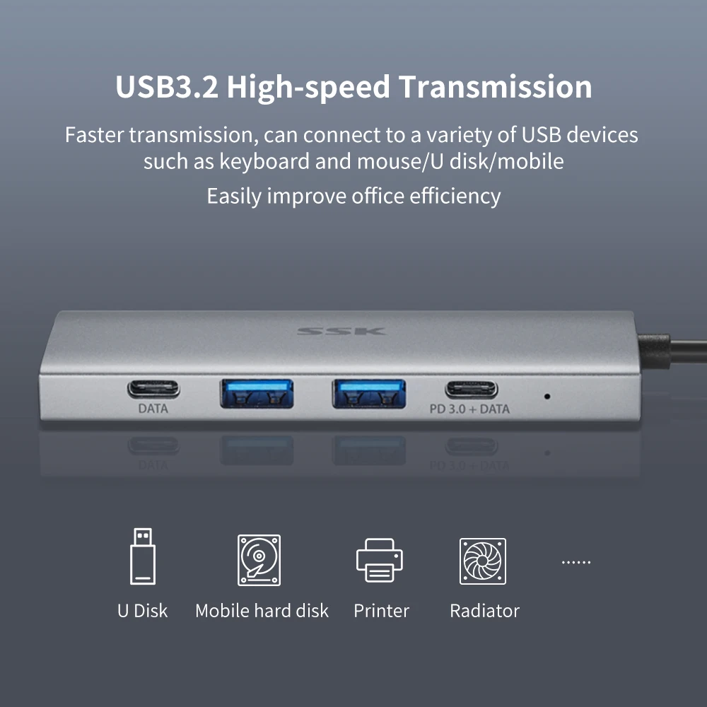 Концентратор SSK USB C 10 Гбит/с многопортовый адаптер 5 в 1 Type высокоскоростная