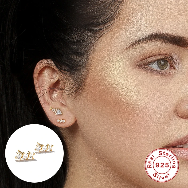 

925 Sterling Silver Cute White Rectangle Zircon Ear Studs Stud Earrings For Women Piercing Fashion Earring Jewelry Pendientes