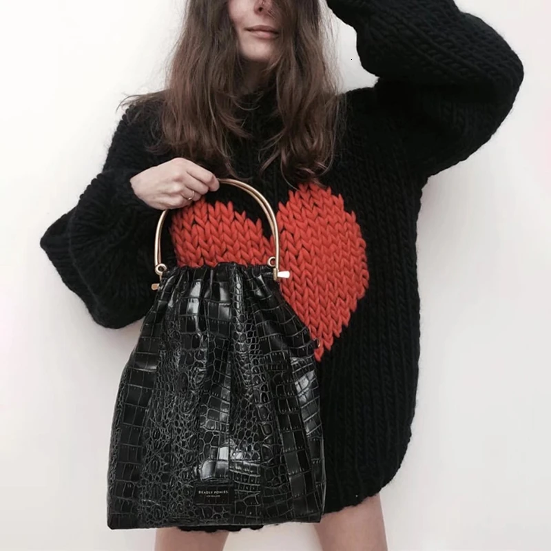 TWOTWINSTYLE Patchwork Heart Hit Color Women's Sweater Lantern Long Sleeve O Neck Oversized Female Sweaters 2019 Autumn Fashion | Женская