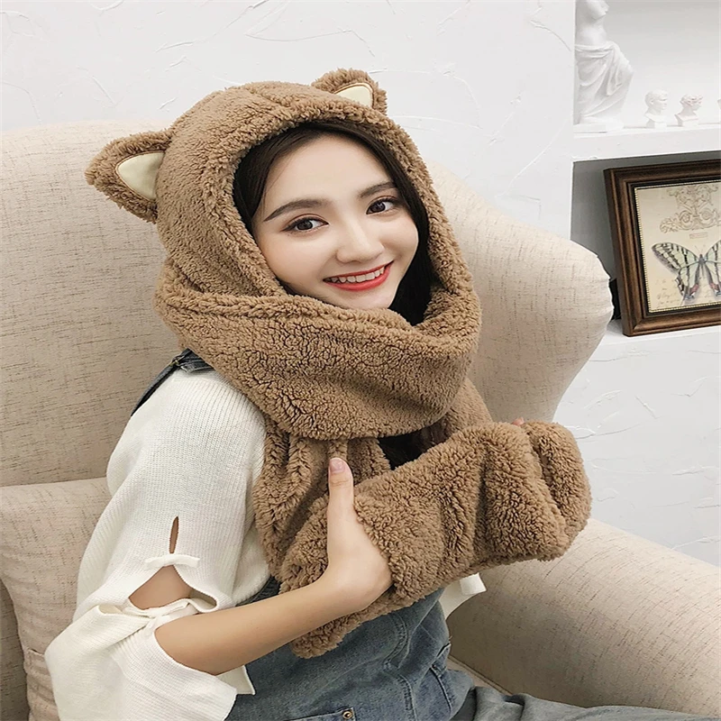 

Winter Hat Women Double Thick Hat Scarf Gloves Fashion One Three-piece Korean Version Parent-child Thickening Scarf Students