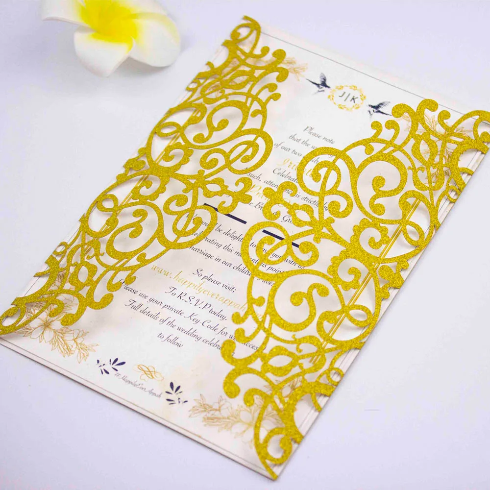 gold glitter film 10 шт. розовое золото бордовый винтажные свадебные пригласительные открытки конверт с лазерной резкой Пригласительные открытки - Цвет: gold glitter film