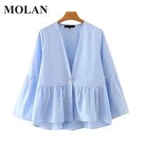 molan fashion shirts women fashion loose ruffled irregular vintage v neck flare sleeves 2021 new female blusas chic tops