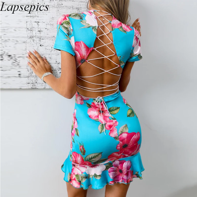 

Women Open Back V Neck Ruffles Frill Hem Shift Dress Sheath Flora Print Short Sleeve Back Criss Cross Mini Summer Party Dress