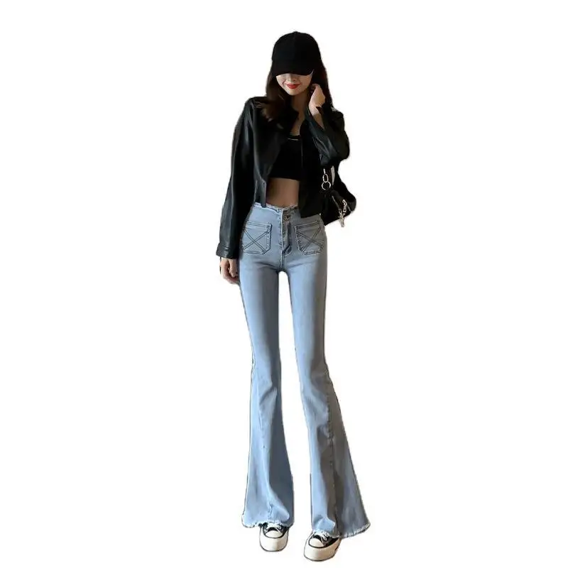

WANYUCL autumn retro high waist thin wear elastic two-pocket micro flared jeans women