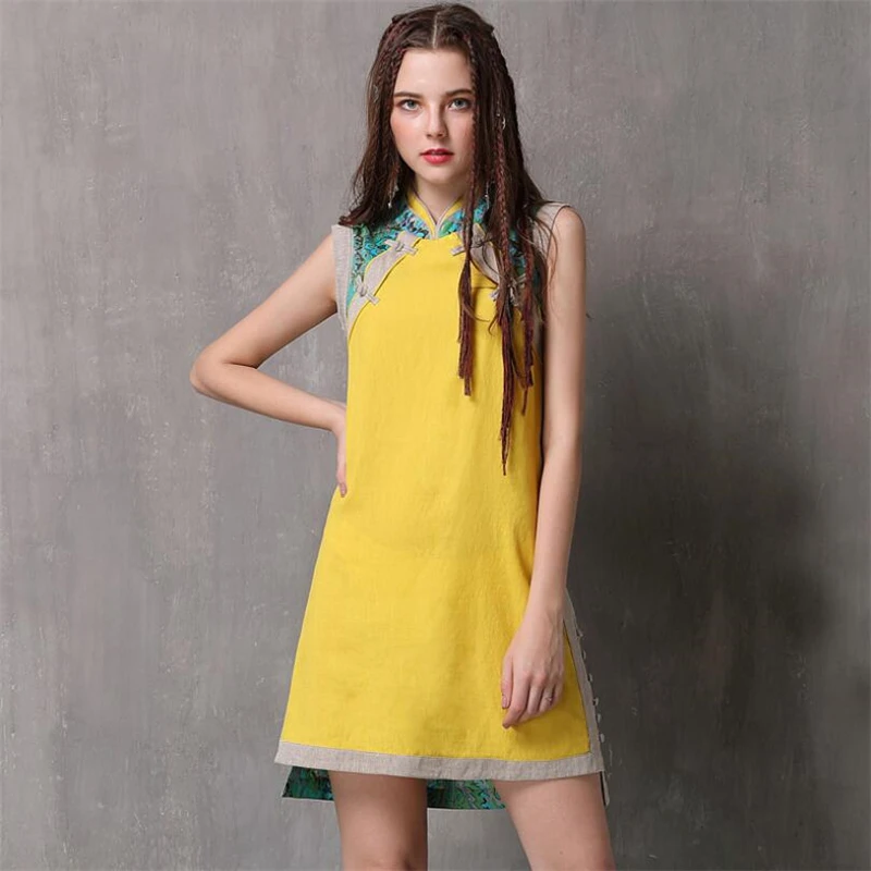 

Chinese style vintage Court Cheongsam Mini Dress For Women Summer Dress Casual Creative Buckle Cotton linen Vest Sexy Dresses