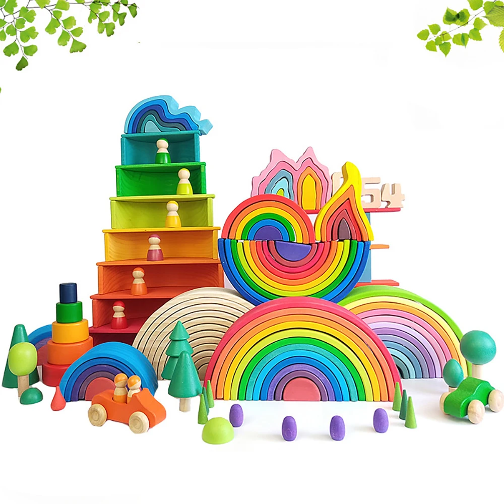 

DIY 3D Wooden Toys Rainbow Building Blocks Baby Toys Rainbow Stacker for Children Learning Creative Montessori Educational Toy