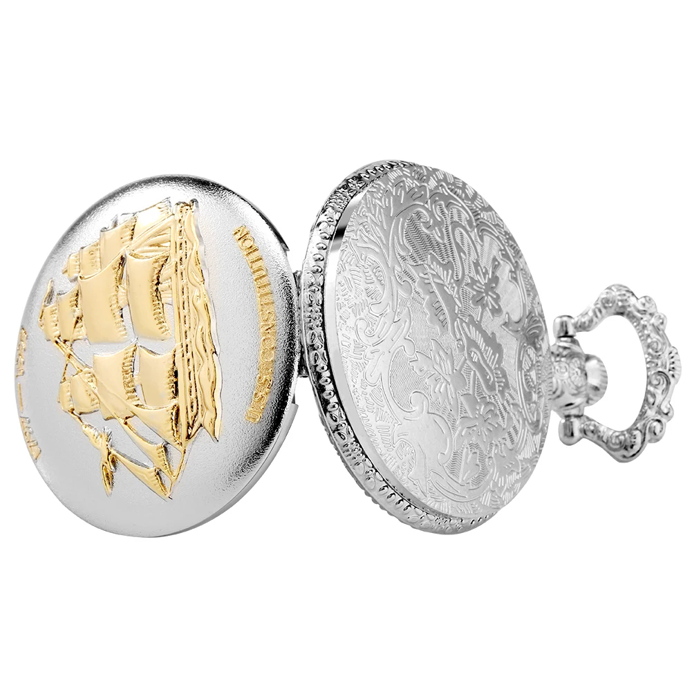 

Men's Gift Silver Pocket Watch Flip Cover Golden Sailboat Pattern Arabic Numerals Dial Thick Chain Clock Present For Husband