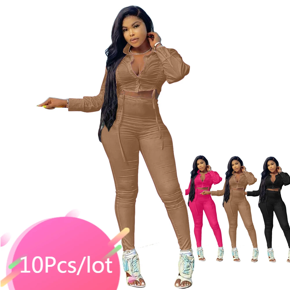 

Bulk Item Wholesale Lots Casual Two Piece Pants Set Women Solid Button Up Crop Tops High Waist Pants Y2k Fitness Tracksuits