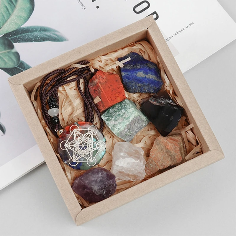 

Seven Chakra Pendant Set Natural Raw Ore Big Crushed Stone Colorful Aura Energy Stone for therapy Meditation