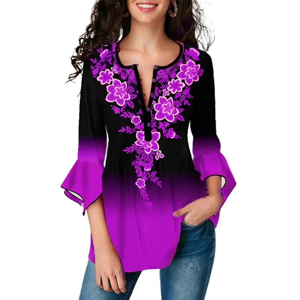 

Vintage Women Loose Blouse Gradient Color Printing Irregular Half Flare Sleeve O Neck Ladies Plus Size Casual Top
