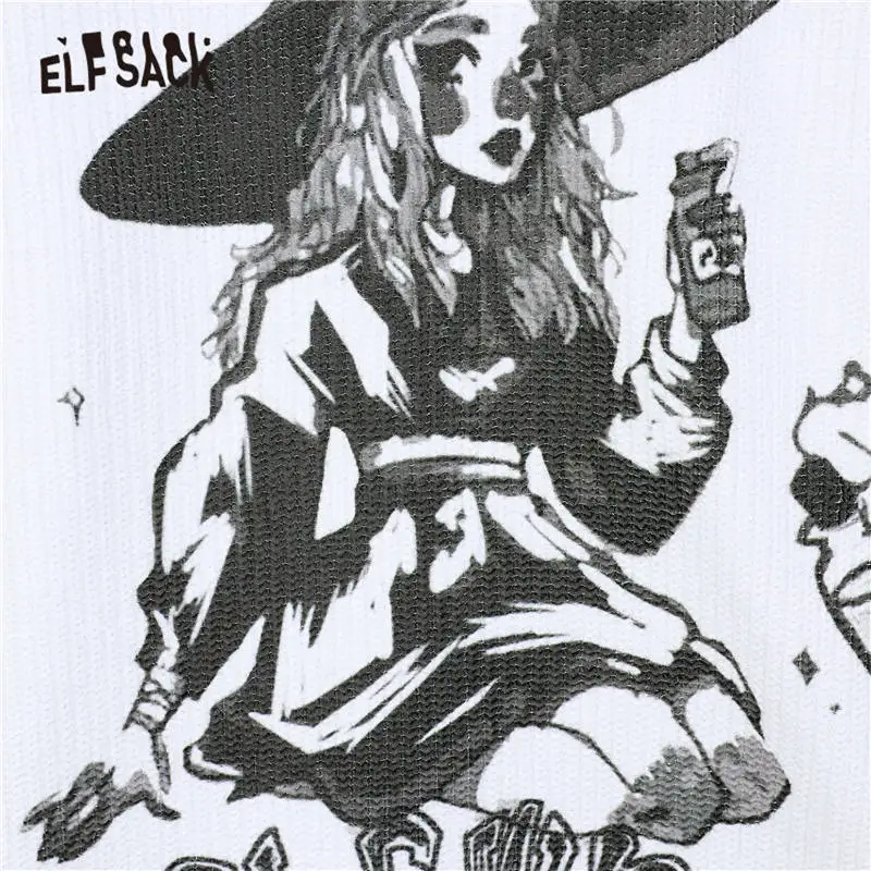 ELFSACK X Neimy Witch Print Loose Casual Pullover Women Sweaters,2020 Autumn Vintage Full Sleeve,Korean Female Daily Graphic Top