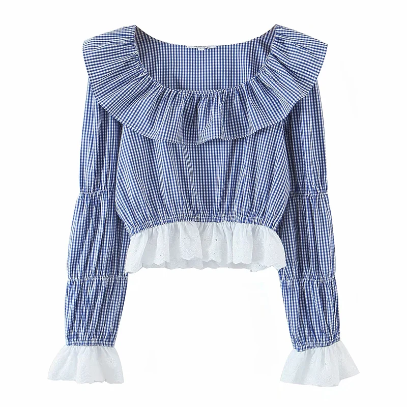 

MosiMolly Cotton Plaid Blouses Shirt Women Square Neck Cotton Lace Embroidery Ruffle Female Blusas Shirt Tops Puff Sleeve
