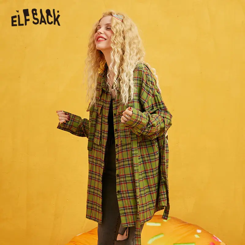 ELFSACK Клетчатая блуза с графикой на спине женская рубашка осень 2019 однобортный