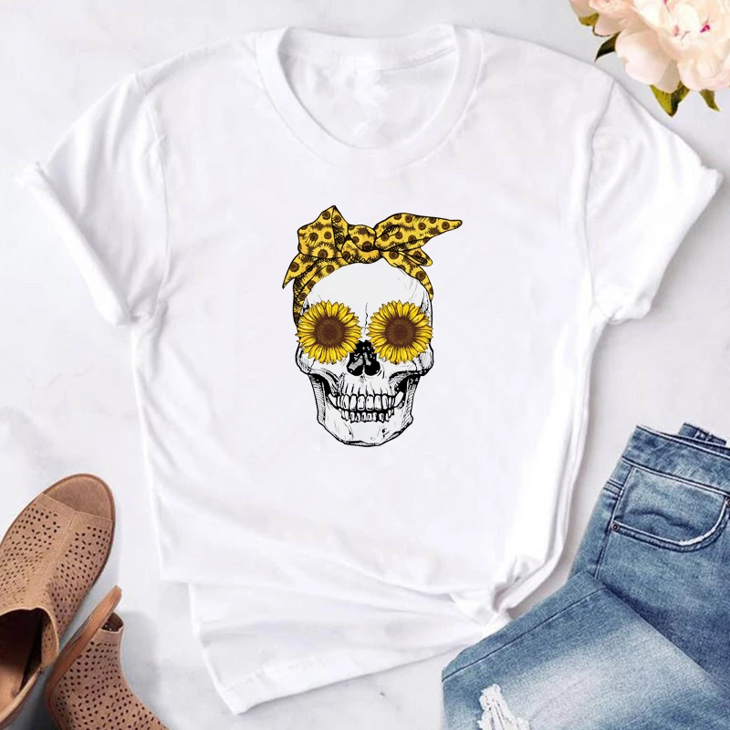 Женская белая футболка Tumblr с принтом черепа модные Графические Топы коротким