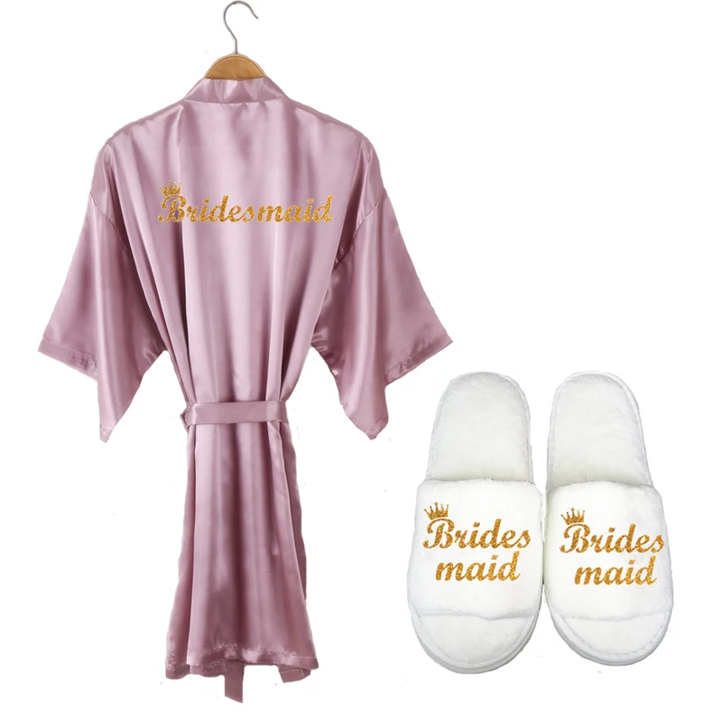 1robe 1slipper Великолепный халат mauve, комплект из 3 предметов, халат для подружки невесты, атласные женские блестящие тапочки с золотыми буквами, свадебные халаты для невесты - Цвет: 1robe 1slipper