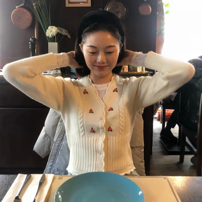 Женский свитер вязаный кардиган с цветочной вышивкой Осень зима 2019| |